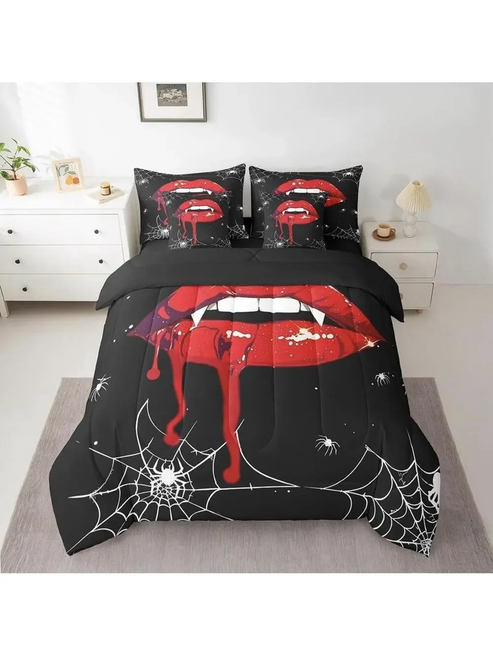 Erosebridal Gothic Red Lips 7 Piece Bed Set - Full Size Comforter/Sheets - New!